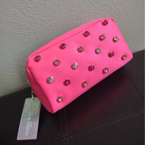 Sparkle And Shine Hot Pink Jewel Embellished Cosmetic Bag - Picture 1 of 12